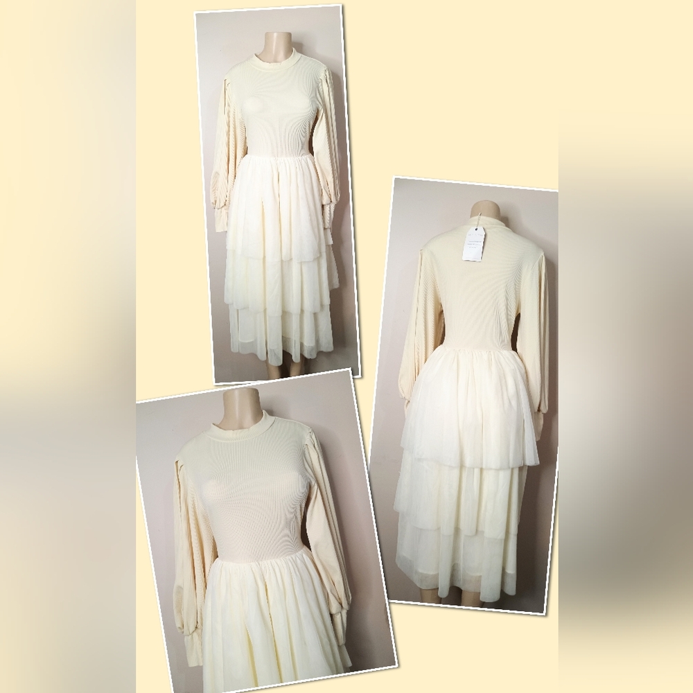 Ivy City Cream Knit Ribbed Top  Layered Tulle Bottom Lined Dress XL.